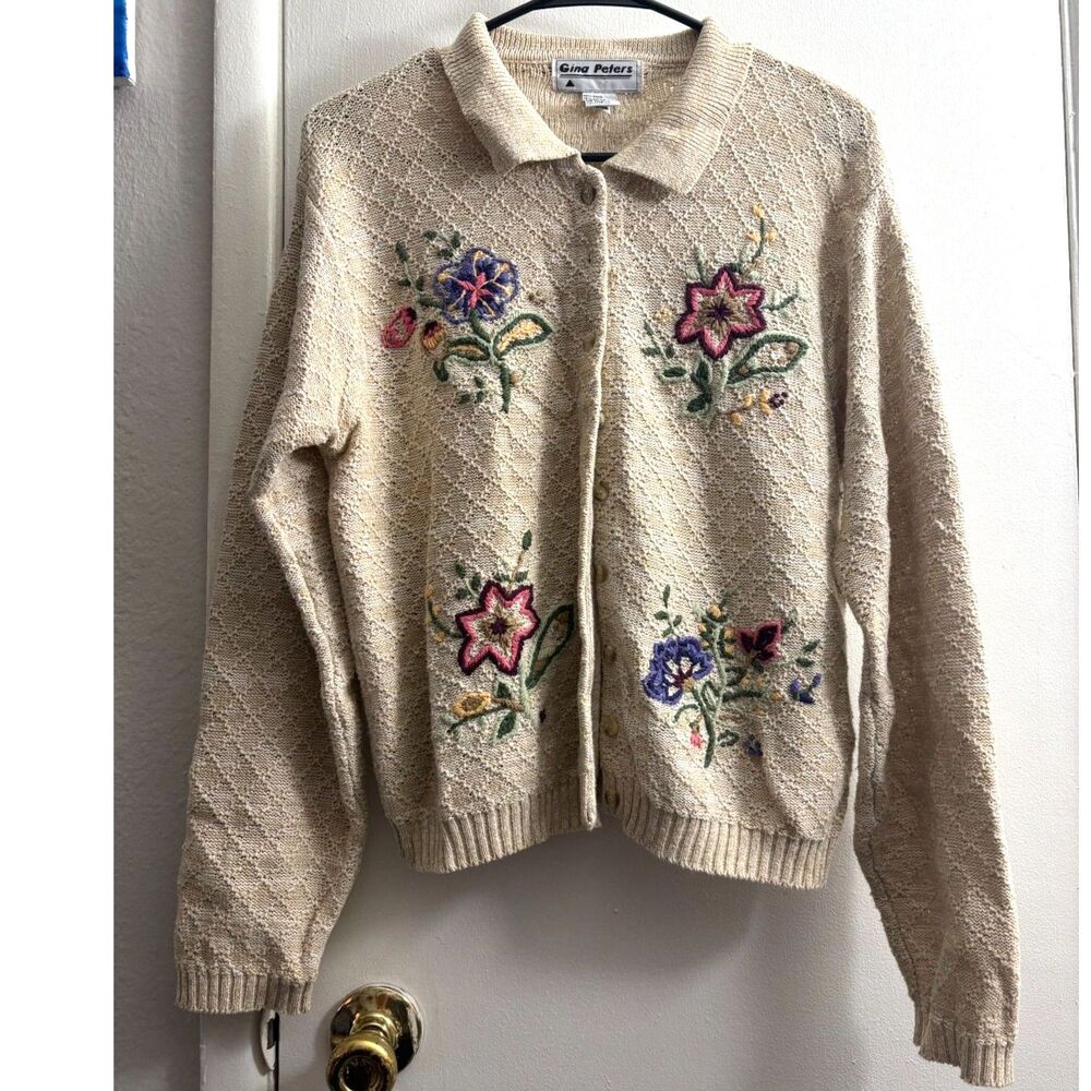 Women's Vintage Gina Peters Embroidered Cardigan Size L